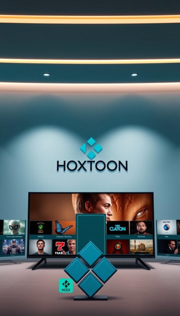 A sleek and modern media center interface showcasing the Hoxtoon Provider IPTV add-on for Kodi. The foreground features the Kodi logo and a collection of IPTV channel icons, arranged neatly and with a visually striking layout. The middle ground depicts the Hoxtoon Provider logo prominently displayed, conveying a sense of professionalism and reliability. The background is a soft, gradient-based design in complementary colors, creating a clean and sophisticated atmosphere. The lighting is balanced, with a subtle directional illumination that enhances the three-dimensional depth of the scene. The overall composition is visually appealing, striking a balance between functionality and aesthetic appeal, perfectly suited to illustrate the section on "Kodi with IPTV Add-ons: Customizable Media Center".