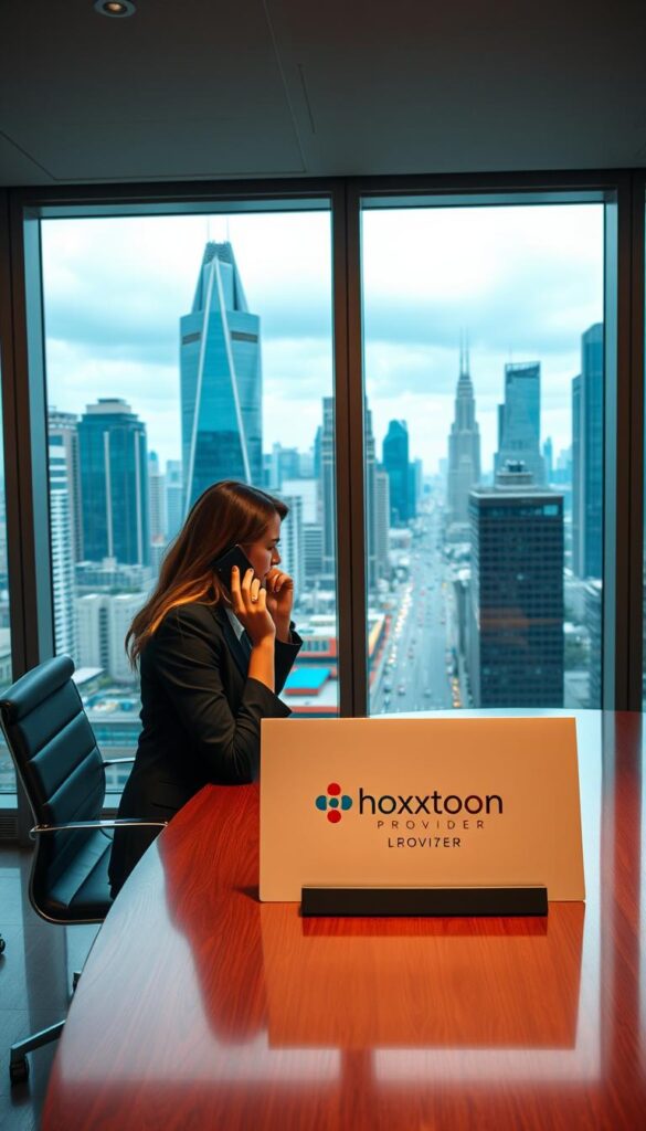A sleek and modern office interior with a large window overlooking a cityscape of towering skyscrapers and bustling streets. In the foreground, a professional-looking woman in a smart business suit sits at a desk, using a laptop and speaking on a phone. On the desk, a placard displays the logo "Hoxtoon Provider", indicating a legitimate IPTV service. The lighting is soft and warm, creating a professional and trustworthy atmosphere. The overall scene conveys the idea of a reliable, legal IPTV provider in Germany.