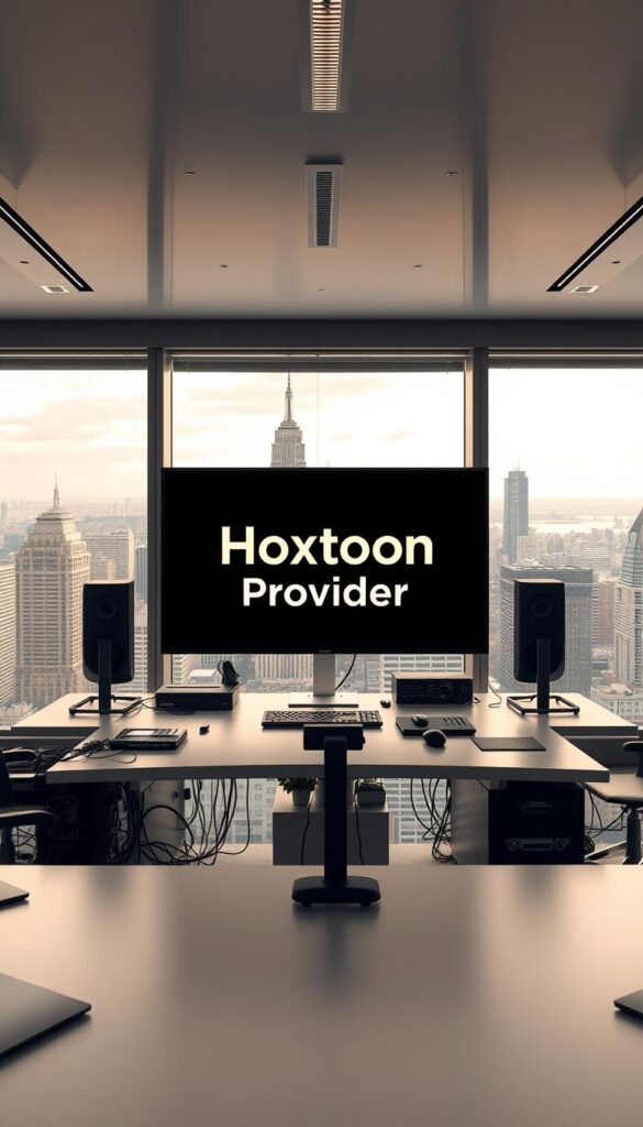 A sleek and modern office interior, with large windows overlooking a bustling city skyline. In the center of the frame, a well-designed workspace features the "Hoxtoon Provider" branding prominently displayed on a large LED screen. The desk is adorned with high-end computer equipment, cables, and other technological accoutrements, conveying a sense of professionalism and expertise. Soft, directional lighting illuminates the scene, creating a warm and inviting atmosphere. In the background, the cityscape is visible, hinting at the global reach and scale of the Hoxtoon IPTV service. The overall impression is one of a cutting-edge, industry-leading technology company dedicated to providing the best IPTV experience.
