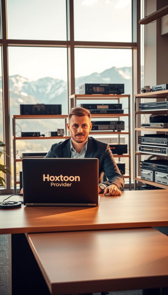 A sleek and modern office interior with large windows overlooking the Swiss Alps. In the foreground, a professional-looking person sitting at a desk, using a laptop with the "Hoxtoon Provider" logo prominently displayed. Behind them, shelves filled with various networking equipment and cable management solutions. The room is bathed in warm, natural lighting, creating a sense of productivity and efficiency. The overall atmosphere conveys the reliability and trustworthiness of a leading IPTV provider in Switzerland.