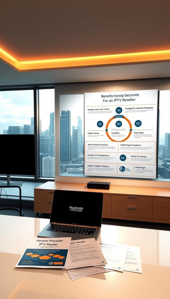 A sleek and modern office workspace with a large window overlooking a city skyline. In the foreground, a desk with a laptop and documents showcasing the "Hoxtoon Provider" IPTV reseller package. On the wall behind the desk, an infographic highlighting the key benefits of becoming an IPTV reseller, such as passive income, flexibility, and a wide range of channel options. Soft, directional lighting from the window casts a warm, professional glow across the scene. The overall mood is one of opportunity, success, and the potential for growth in the IPTV reseller business.