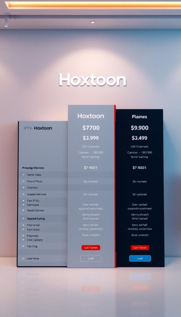 A sleek and modern pricing table showcasing the various subscription plans offered by the Hoxtoon IPTV provider. The table is presented on a clean, minimalist background, with a soft, warm lighting that creates a professional and trustworthy atmosphere. The plan details are clearly displayed, including the number of channels, supported devices, and pricing options, all arranged in a visually appealing grid layout. The Hoxtoon logo is prominently featured, adding a sense of brand identity and reliability. The overall composition conveys a sense of value and transparency, making it an informative and visually compelling representation of the Hoxtoon IPTV pricing plans.
