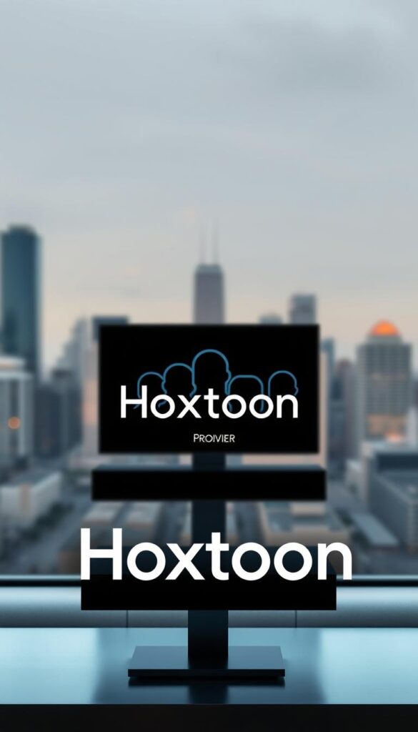 A sleek and modern rendering of the Hoxtoon Provider logo, set against a stylish backdrop. In the foreground, the Hoxtoon name appears in a clean, bold typeface, flanked by subtle graphical elements suggestive of streaming technology. The middle ground features a minimalist array of smart TV silhouettes, hinting at the service's compatibility. In the background, a softly blurred cityscape evokes an urban, forward-thinking atmosphere. The lighting is crisp and directional, casting subtle shadows that lend depth and dimension to the scene. The overall aesthetic is sophisticated, premium, and representative of Hoxtoon's position as America's premier IPTV provider.
