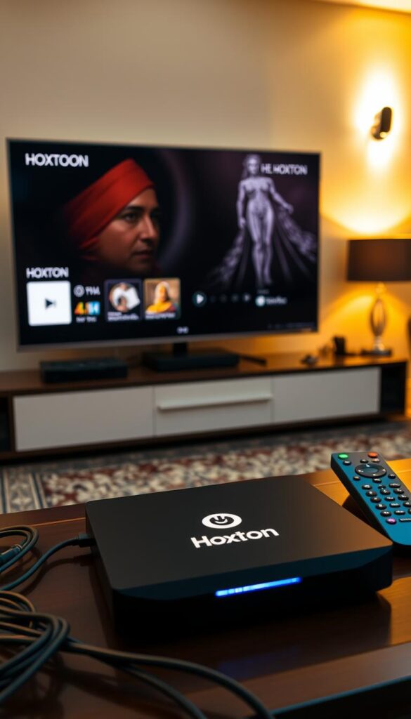 A sleek and modern setup for the Hoxtoon IPTV service, showcasing a high-tech media center with a large 4K television screen, a streamlined set-top box, and a minimalist remote control. The room is bathed in warm, ambient lighting, creating a cozy and inviting atmosphere. In the foreground, the Hoxtoon IPTV provider's logo is prominently displayed on the set-top box, while the middle ground features various cables and connections neatly organized. The background depicts a stylish, contemporary living room setting, with subtle hints of Indian cultural elements, such as intricate wall art or a decorative rug, to reflect the Indian IPTV service focus.