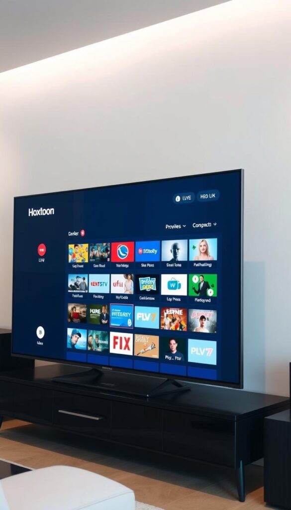 A sleek and modern smart TV screen displaying the Hoxtoon Provider IPTV interface. The TV is positioned prominently in a minimalist living room setting, with a clean white wall backdrop and subtle ambient lighting. The IPTV menu features a user-friendly layout, showcasing a variety of live TV channels and on-demand content. The scene conveys a sense of convenience and seamless integration of IPTV technology into the home entertainment setup.