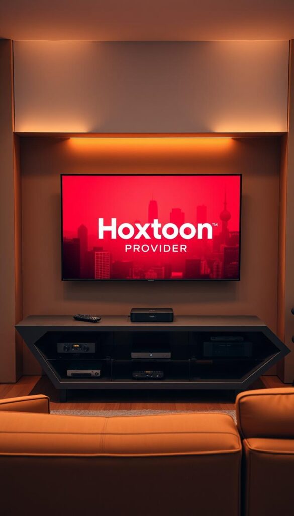 A sleek and modern television streaming setup, featuring a large, high-definition flat-screen display showcasing the Hoxtoon Provider brand. The screen is surrounded by a minimalist, Latino-inspired interior design, with warm lighting and rich, earthy tones. In the foreground, a modern, angular entertainment center houses various streaming devices, remotes, and other media equipment. The middle ground features a comfortable, stylish sofa or armchair, inviting the viewer to relax and enjoy the content. The background depicts a stylized, urban skyline or cityscape, hinting at the diverse and vibrant Latino community that this streaming service caters to.