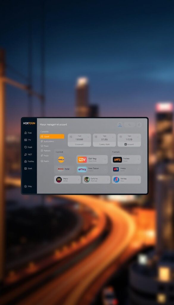 A sleek and modern user interface for the Hoxtoon Provider IPTV account management system. In the center, a clean dashboard displays account details, subscription status, and available channels. Subtle gradients and minimalist icons create a polished, professional aesthetic. The background features a blurred cityscape, hinting at the global reach of the IPTV service. Warm lighting casts a cozy ambiance, with strategic shadows adding depth and dimension. The layout is intuitive and streamlined, reflecting the seamless user experience of the Hoxtoon IPTV platform.