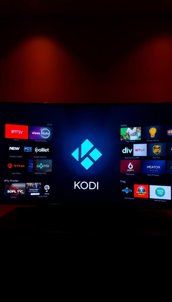 A sleek and modern user interface showcasing the Kodi media player surrounded by a variety of IPTV add-ons, including the Hoxtoon Provider, displayed on a stylish dark background. The scene is illuminated by warm, directional lighting, casting subtle shadows and highlights that accentuate the various elements. The composition is balanced, with the Kodi application taking center stage, flanked by the add-ons, conveying a sense of versatility and customization. The overall mood is one of sophistication and technological prowess, hinting at the powerful capabilities of the Kodi media player and its extensive IPTV ecosystem.