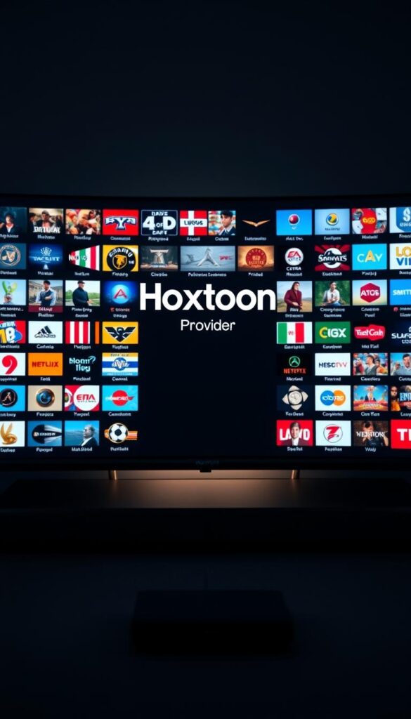A sleek and modern user interface showcasing the impressive channel selection of the Hoxtoon IPTV service. The screen is filled with a grid of channel thumbnails, each one crisp and vibrant, enticing the viewer to explore the vast library of live TV channels. The Hoxtoon Provider logo is prominently displayed, conveying the high-quality and reliable nature of the service. The layout is clean and intuitive, with a dark, minimalist color scheme that creates a premium, cinematic atmosphere. Subtle lighting and depth-of-field effects add a sense of depth and professionalism to the scene, drawing the eye towards the channel thumbnails. The overall impression is one of a comprehensive and user-friendly IPTV platform, ready to deliver an exceptional live TV experience.