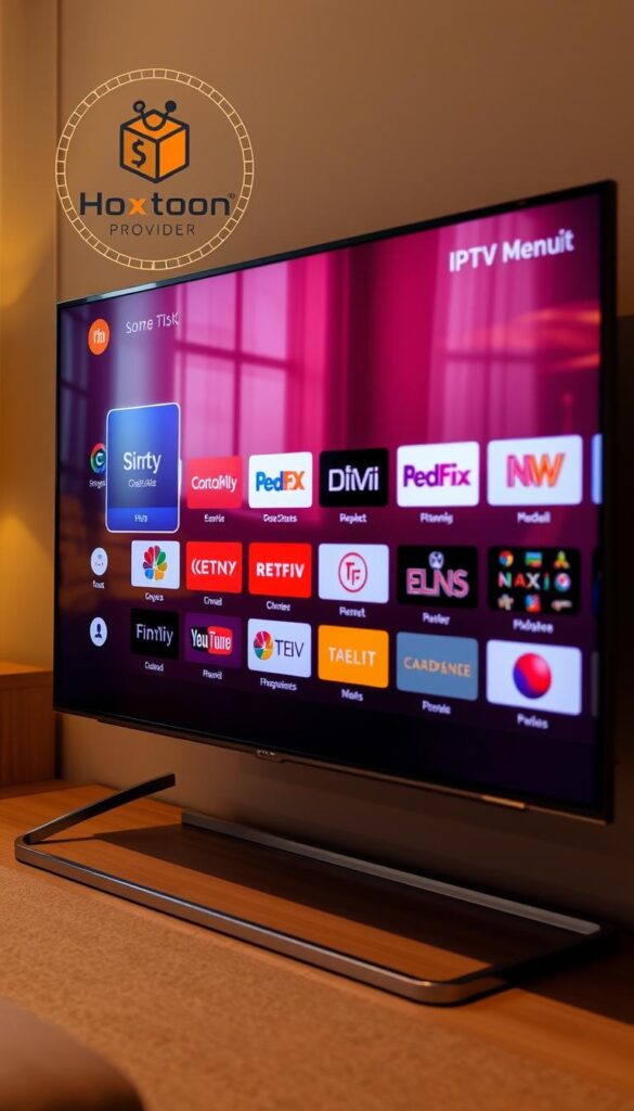 A sleek and visually appealing IPTV interface displayed on a high-resolution television screen. The Hoxtoon Provider logo prominently featured in the top-left corner, conveying a sense of premium quality. The screen showcases a grid of colorful channel logos, each with a clear and intuitive navigation menu. Soft, warm lighting illuminates the scene, creating a cozy and inviting atmosphere. The television's frame is modern and minimalist, allowing the on-screen content to take center stage. The overall impression is one of a seamless, user-friendly IPTV experience that caters to the discerning viewer.