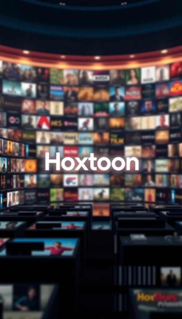 A sleek and visually stunning library interface showcasing the vast content offerings of the Hoxtoon IPTV provider. In the foreground, rows of thematic thumbnails and category menus float against a stylish backdrop of gradient hues, creating an immersive and user-friendly experience. The middle ground features a large, prominently displayed Hoxtoon logo, subtly illuminated by soft, directional lighting. In the background, a blurred but detailed view of the extensive library reveals a diverse array of genres, from the latest blockbusters to classic films, live sports, and premium channels, all seamlessly integrated into the elegant design. The overall scene conveys a sense of quality, depth, and effortless accessibility that Hoxtoon IPTV is known for.