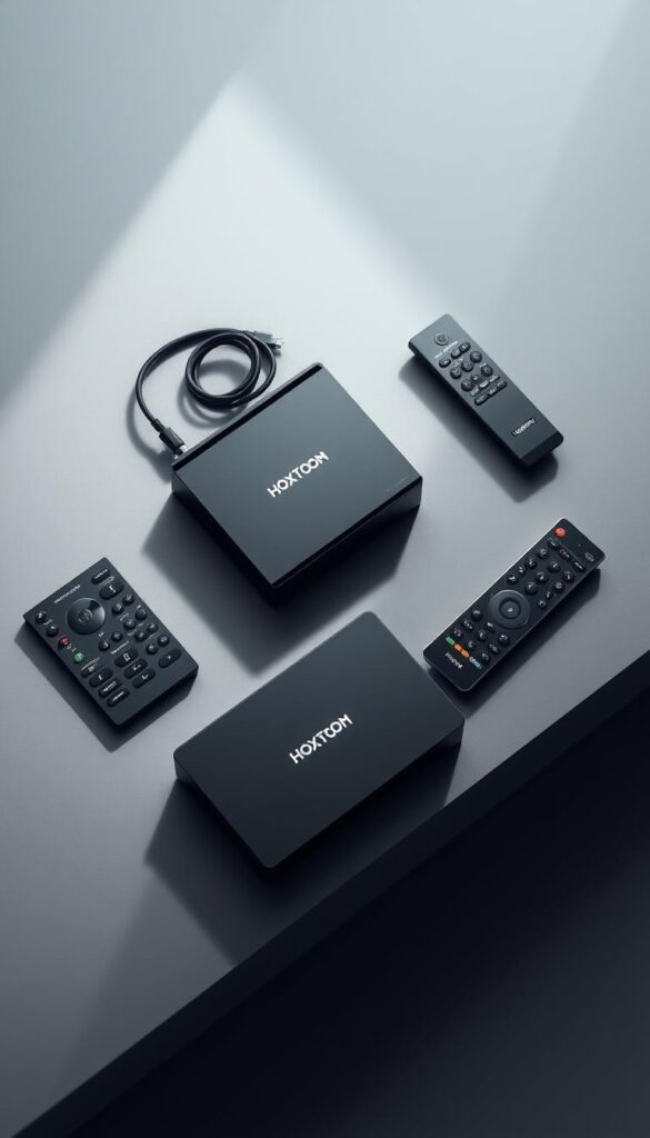 A sleek arrangement of modern IPTV devices, including the Hoxtoon Provider set-top box, remote controls, and networking equipment, resting on a minimalist, gray surface. Soft, directional lighting from the top creates dimensional shadows, highlighting the clean lines and polished finishes of the hardware. The devices are depicted in a realistic, detailed manner, showcasing their key features and capabilities. The overall scene conveys a sense of technological sophistication and the seamless integration of IPTV solutions into a contemporary home entertainment setup.