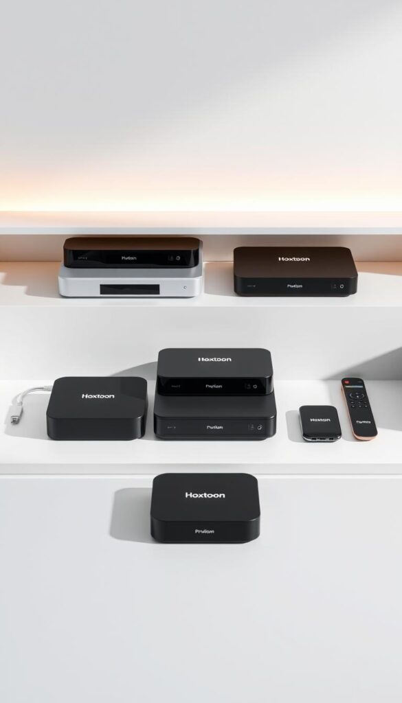A sleek array of IPTV streaming devices, including the Hoxtoon Provider, arranged on a minimalist desk. The devices feature clean, modern designs in a range of colors, showcasing their versatility and ability to seamlessly integrate into any living space. Soft, diffused lighting from above highlights the devices' premium textures and materials, creating a sense of sophistication. The arrangement is positioned to emphasize the multiple device support, hinting at the flexibility and convenience of the Hoxtoon IPTV service. The overall mood is one of high-tech elegance, reflecting the advanced capabilities of these streaming solutions.