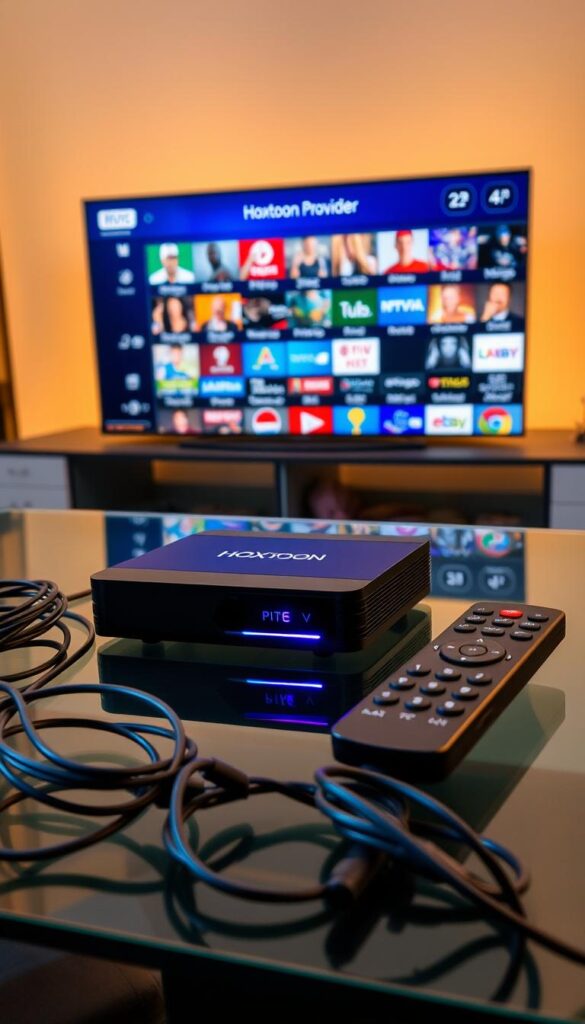 A sleek, black IPTV box rests on a modern glass table, its LED indicator softly glowing. On the screen, a diverse array of international channels and streaming services from the Hoxtoon Provider are displayed, showcasing sports, news, and entertainment content from around the world. The box is flanked by a stylish remote control and a tangle of cables neatly organized, creating a visually appealing and high-tech setup. Soft, warm lighting illuminates the scene, casting a premium, sophisticated atmosphere. The overall composition emphasizes the versatility, accessibility, and global reach of the Hoxtoon Provider IPTV box.