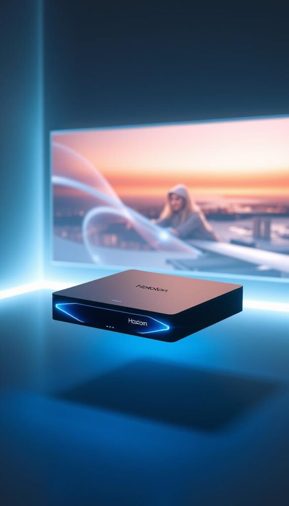 A sleek, futuristic IPTV box floats in a minimalist, dimly-lit environment. The device's clean, angular design and glowing blue accents suggest advanced technology. In the background, a holographic display projects a seamless, high-definition video stream, hinting at the box's powerful capabilities. Soft, ambient lighting creates an atmosphere of innovation and sophistication. The Hoxtoon Provider logo is subtly integrated into the design, underscoring the box's premium quality and forward-thinking features. An aura of anticipation and excitement surrounds this glimpse into the future of IPTV technology.