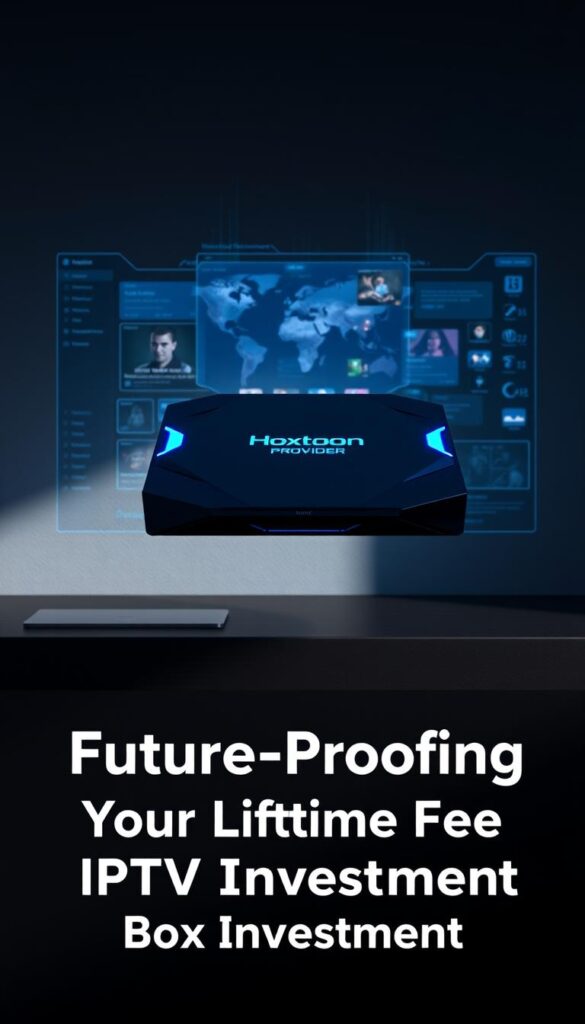 A sleek, futuristic IPTV box with a prominent "Hoxtoon Provider" logo hovers above a minimalist, dark-toned desk. The box's angular design features glowing blue accents, hinting at advanced connectivity and capabilities. Soft, dramatic lighting creates shadows that accentuate the device's sophisticated, cutting-edge aesthetic. In the background, a seamless, holographic display showcases a vibrant, ever-evolving user interface, signaling the box's ability to adapt to the latest media and streaming trends. The overall scene conveys a sense of technological innovation and future-proofing, perfectly aligning with the "Future-Proofing Your Lifetime Free IPTV Box Investment" concept.