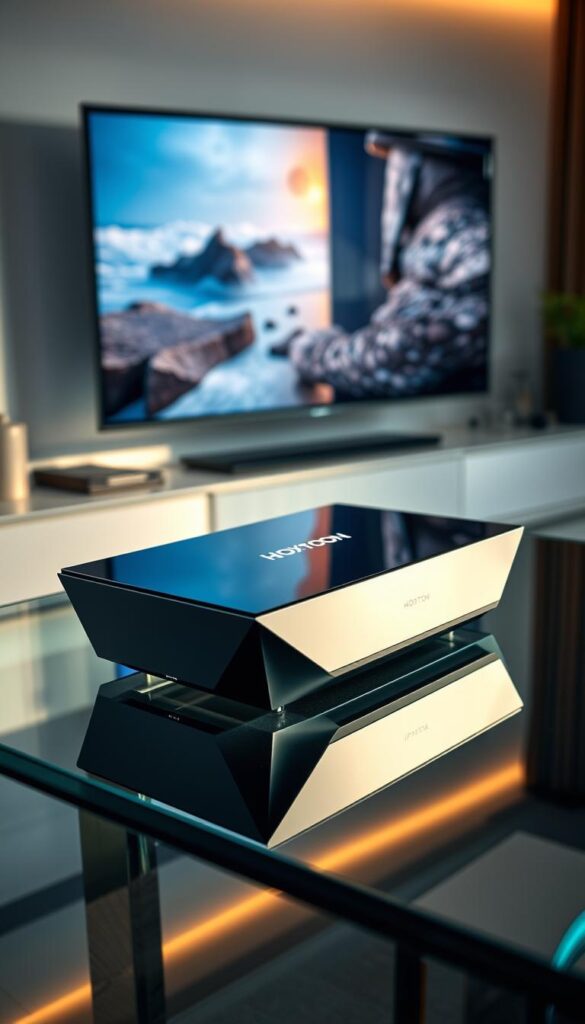 A sleek, futuristic IPTV receiver sits atop a glass table, its angular design and glossy black finish reflecting the modern and sophisticated ambiance of the room. Soft, directional lighting illuminates the device, highlighting its intricate details and showcasing its premium build quality. In the background, a large, high-resolution display showcases crystal-clear 4K video, immersing the viewer in a lifelike streaming experience. The Hoxtoon Provider logo is subtly displayed on the receiver, adding a touch of branding to the scene. The overall atmosphere conveys a sense of technological advancement and the seamless integration of cutting-edge IPTV technology into the modern home.