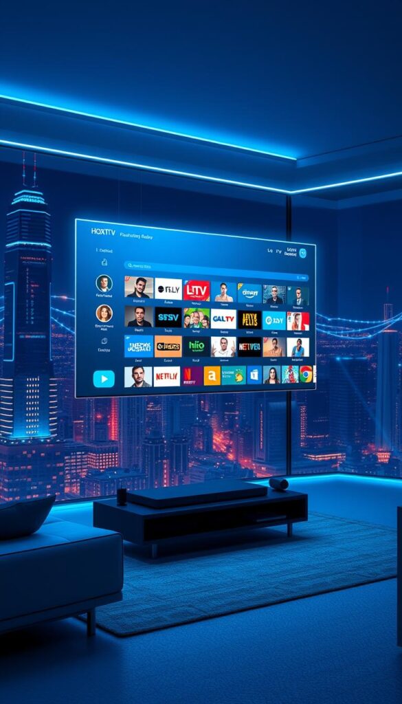 A sleek, futuristic IPTV setup with no physical device, showcasing the seamless, cable-free experience of the Hoxtoon Provider service. A holographic interface hovers in the air, displaying a diverse selection of live channels and on-demand content. The scene is bathed in a cool, blue-tinted lighting, creating a modern, technology-driven atmosphere. In the background, a cityscape of towering skyscrapers and glowing, interconnected networks suggests the advanced, connected nature of this innovative IPTV solution, free from traditional subscription fees.