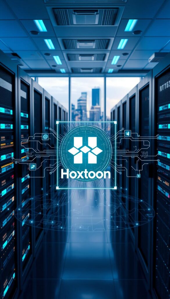 A sleek, futuristic data center with rows of blinking servers and sophisticated networking equipment. In the foreground, a holographic display showcases the Hoxtoon Provider logo, surrounded by intricate circuit diagrams and visualizations of data packets streaming across a global network. Soft blue lighting creates a serene, high-tech atmosphere, while a panoramic window in the background reveals a vibrant cityscape, hinting at the widespread reach and reliability of the Hoxtoon IPTV service. The scene conveys the advanced, secure, and scalable technology powering Hoxtoon's superior IPTV offering.