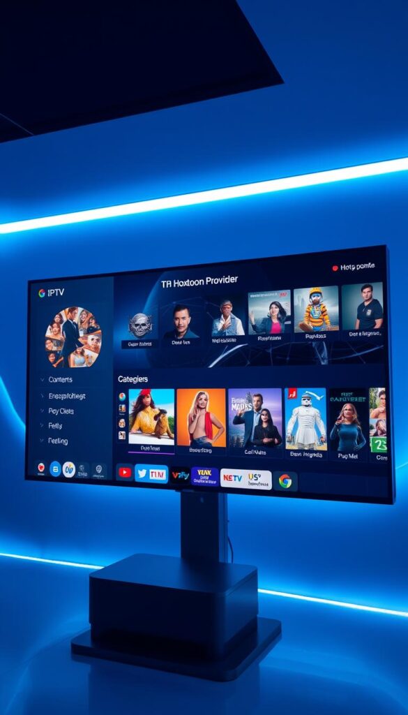 A sleek, futuristic interface displaying a diverse array of international IPTV streaming services, including the Hoxtoon Provider. The screen is bathed in a cool, bluish light, creating a sophisticated and high-tech atmosphere. In the foreground, various content categories and genre icons are neatly arranged, inviting the user to explore global entertainment options. The middle ground showcases vibrant, high-definition preview thumbnails of popular shows and movies from around the world. The background features a minimalist, geometric design that adds depth and a sense of advanced technology. The overall scene conveys the seamless, accessible, and visually captivating experience of accessing a wide range of international content through a state-of-the-art IPTV streaming platform.