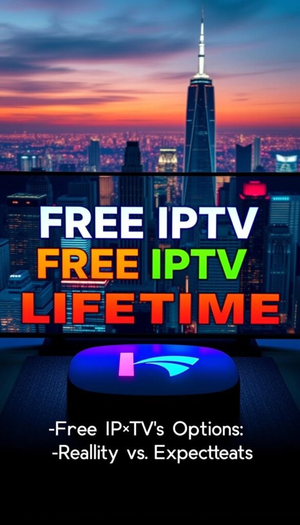 A sleek, futuristic interface displays the words "FREE IPTV LIFETIME" in bold, vibrant text. In the foreground, a Hoxtoon Provider logo shines, conveying a sense of trust and reliability. The background features a dynamic cityscape, with towering skyscrapers and a vibrant, neon-lit skyline, hinting at the boundless entertainment options available. Soft, directional lighting casts shadows and highlights the scene, creating a sense of depth and dimension. The overall mood is one of excitement and possibility, capturing the essence of the "Free IPTV Lifetime Options: Reality vs. Expectations" section.