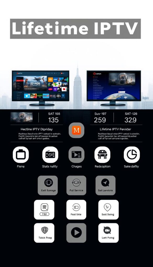 A sleek, futuristic interface showcasing a side-by-side comparison of various lifetime IPTV service providers, including the Hoxtoon Provider. The foreground features high-definition screenshots of the providers' user experiences, with detailed stats and features highlighted. The middle ground presents stylized icons and logos, while the background depicts a minimalist cityscape, hinting at the global reach and accessibility of these services. Crisp lighting and a muted color palette create a professional, informative atmosphere, guiding the viewer through the alternative lifetime IPTV options worth considering.