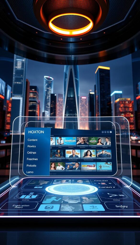 A sleek, futuristic interface showcasing the Hoxtoon IPTV provider's upcoming updates and new features. In the foreground, a stylized holographic display presents a visually striking menu, with bold typography and smooth, minimalist design elements. The middle ground features a glimpse of the expansive content library, hinting at the breadth of entertainment options. In the background, a cityscape of gleaming skyscrapers and advanced technology creates a sense of a forward-looking, innovative environment. Subtle lighting casts a warm, inviting glow, while the camera angle emphasizes the dynamic, cutting-edge nature of the Hoxtoon IPTV experience.