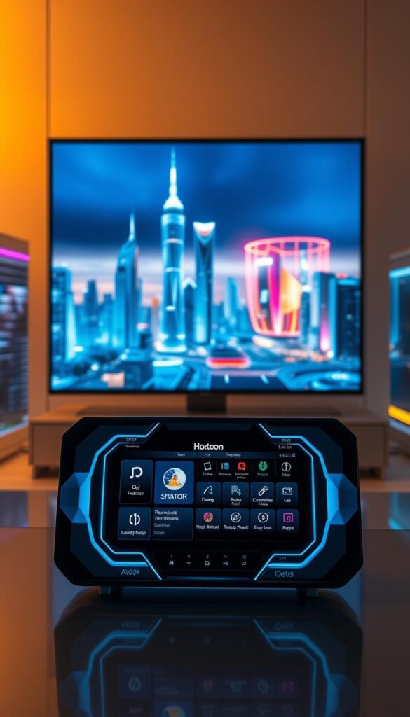 A sleek, futuristic interface showcasing the Hoxtoon Provider IPTV streaming solution in Romania. In the foreground, a stylized device display presents a sophisticated UI with bold typography and intuitive controls. The middle ground features a dynamic visualization of streaming content, with vibrant colors and fluid animations. In the background, a cityscape of modern high-rises and infrastructure evokes the urban setting, conveying the advanced technological capabilities of the IPTV service. The scene is illuminated by a warm, diffused lighting, creating a visually striking and immersive atmosphere that embodies the future of IPTV in Romania.