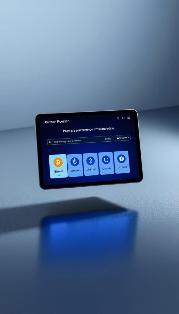 A sleek, futuristic scene of a Hoxtoon Provider IPTV streaming service interface displayed on a digital tablet, hovering above a tactile, brushed metal surface. The tablet screen showcases a variety of cryptocurrency payment options, including Bitcoin, Ethereum, and Litecoin, inviting the user to securely purchase their IPTV subscription. The scene is illuminated by soft, directional lighting, casting subtle shadows and highlights that accentuate the minimalist, high-tech aesthetic. The overall mood is one of modern, accessible digital finance, seamlessly integrated with the Hoxtoon Provider's IPTV platform.