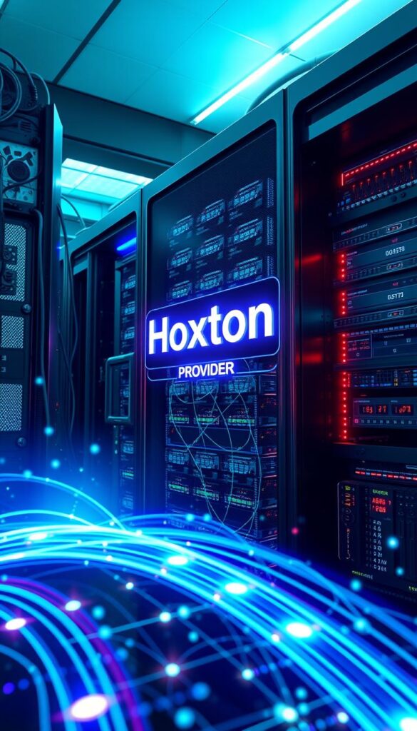 A sleek, futuristic server rack with the "Hoxtoon Provider" logo prominently displayed. The rack is surrounded by a complex array of blinking LED lights, data cables, and cooling systems. In the foreground, a holographic display projects a real-time visualization of network traffic, with data streams flowing seamlessly without any buffering or interruptions. The lighting is a cool, teal-blue hue, creating a sense of technological sophistication. The overall scene conveys the power and efficiency of Hoxtoon's advanced anti-buffering technology, designed to provide a flawless IPTV streaming experience.