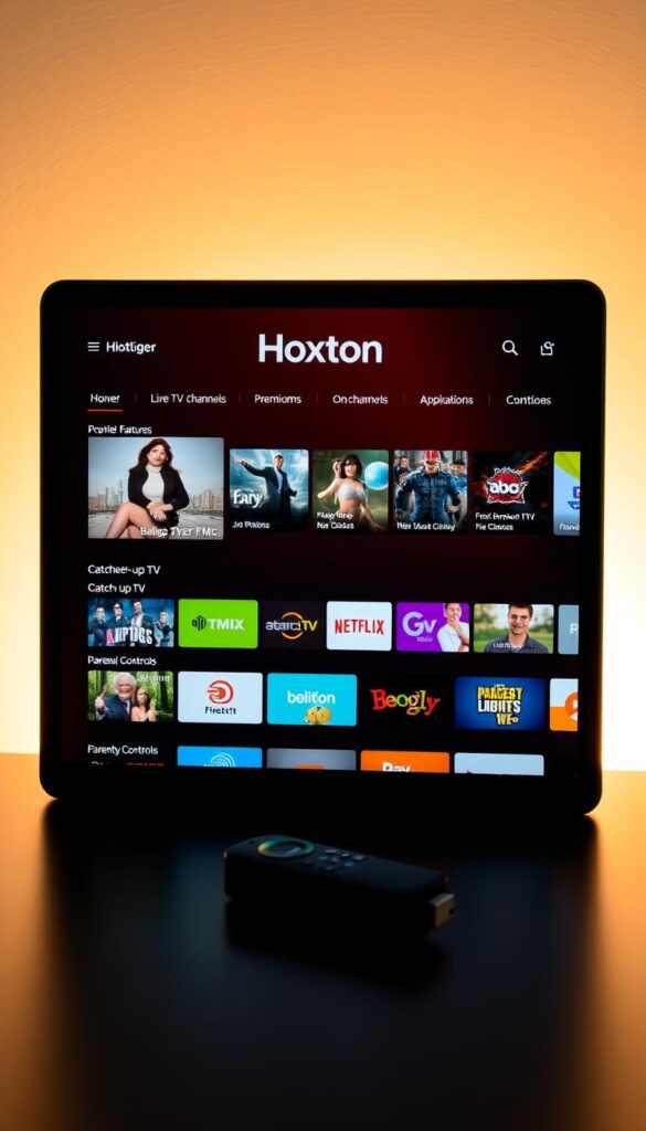 A sleek, high-quality IPTV app interface for Firestick, prominently displaying the "Hoxtoon Provider" brand name. The app's home screen showcases a curated selection of premium live TV channels, on-demand content, and advanced features like catch-up TV and parental controls. The interface features a clean, modern design with vibrant colors, intuitive navigation, and a smooth, responsive user experience. The scene is illuminated by warm, directional lighting, casting subtle shadows and highlights that accentuate the app's polished, professional appearance. The overall mood is one of premium quality, reliability, and user-friendliness, setting the stage for an exceptional IPTV experience on the Firestick platform.