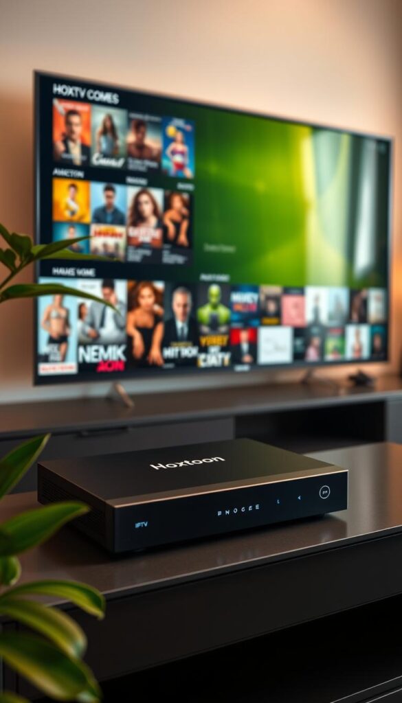 A sleek, high-quality IPTV box with the Hoxtoon Provider logo prominently displayed on its matte black exterior. The device sits atop a modern, minimalist entertainment unit, surrounded by lush greenery and warm, diffused lighting. The box features clean lines, a premium metal construction, and subtle indicator lights, conveying a sense of sophistication and advanced technology. In the background, a large, high-definition television screen displays a diverse array of on-demand video content, showcasing Hoxtoon's impressive VOD collection. The scene exudes a calm, cozy atmosphere, inviting the viewer to imagine the seamless home entertainment experience provided by this reliable IPTV solution.
