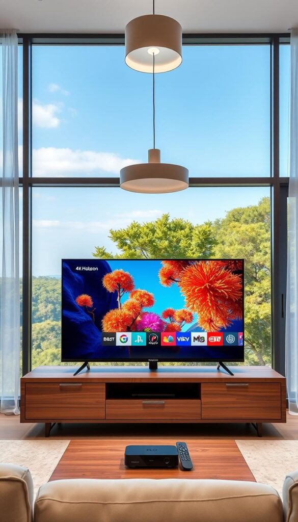 A sleek, high-tech 4K IPTV streaming setup in a minimalist living room. In the foreground, a modern flat-screen TV displays vibrant, crystal-clear 4K content from the Hoxtoon Provider service. Surrounding the TV, a few elegant entertainment components like a streaming box and a premium-looking remote control. The middle ground features a clean, well-designed media cabinet in a warm, wooden tone. Overhead, a modern pendant light casts a soft, ambient glow. In the background, large windows offer a tranquil, nature-inspired view, hinting at the premium, immersive viewing experience. The overall scene conveys a sense of sophisticated technology seamlessly integrated into a comfortable, high-end living space.