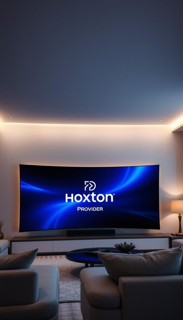 A sleek, high-tech living room interior with a large, curved OLED TV screen prominently displayed. The TV showcases the "Hoxtoon Provider" brand logo, conveying a premium Arabic TV subscription service. Soft, indirect lighting illuminates the scene, creating a sophisticated and immersive atmosphere. The room features modern, minimalist furniture and decor, with clean lines and neutral tones that complement the advanced technology. The overall impression is one of luxury, exclusivity, and cutting-edge entertainment.