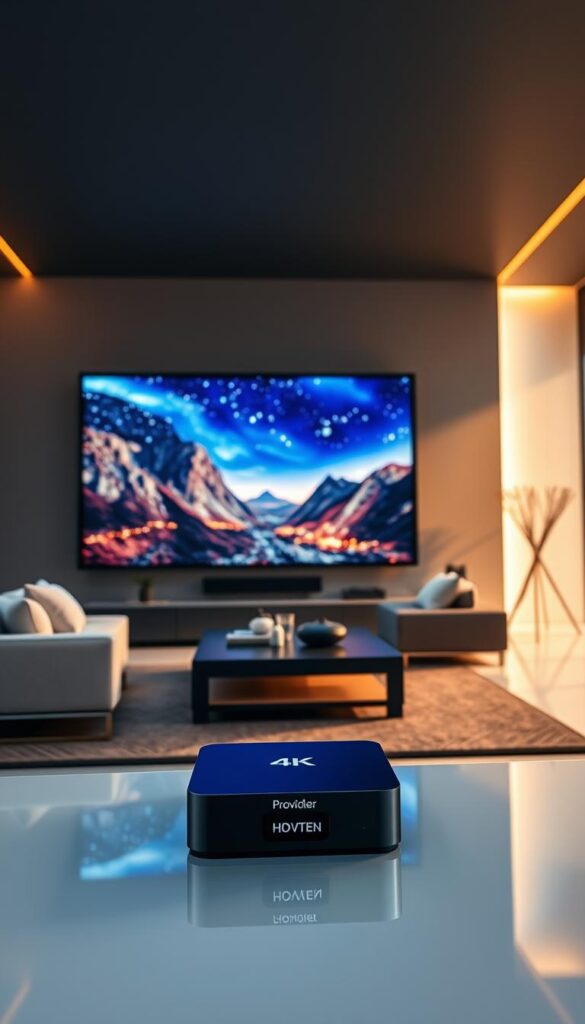 A sleek, high-tech living room with a massive 4K display showcasing a visually stunning IPTV streaming experience. Crisp, lifelike images and vibrant colors fill the screen, creating an immersive cinematic atmosphere. Soft, indirect lighting illuminates the space, casting a warm glow on the modern furniture and minimalist decor. In the foreground, a state-of-the-art Hoxtoon Provider streaming device sits prominently, signifying the source of this premium 4K IPTV service. The overall scene conveys a sense of technological sophistication and a truly picture-perfect home entertainment setup.