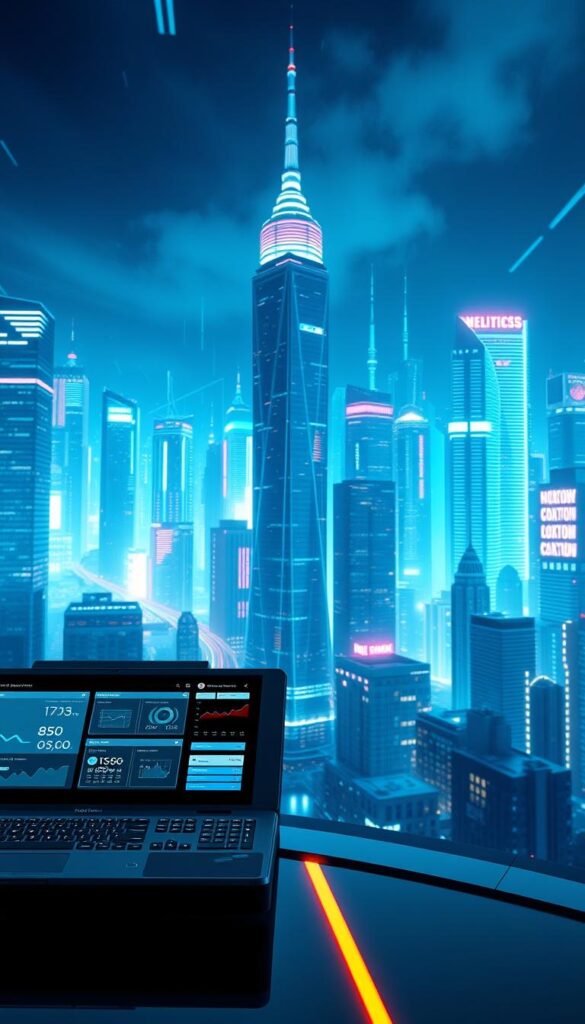 A sleek, high-tech rendering of the Hoxtoon Provider IPTV streaming platform in 2025. A futuristic interface with a clean, minimalist design dominates the foreground, showcasing intuitive controls and a seamless user experience. In the middle ground, data visualizations and performance metrics illustrate the platform's advanced analytics and optimization capabilities. The background features a dynamic cityscape, conveying the global reach and scale of the Hoxtoon Provider IPTV network, with skyscrapers and digital infrastructure bathed in a cool, neon-tinged lighting scheme that evokes a sense of technological sophistication and innovation.