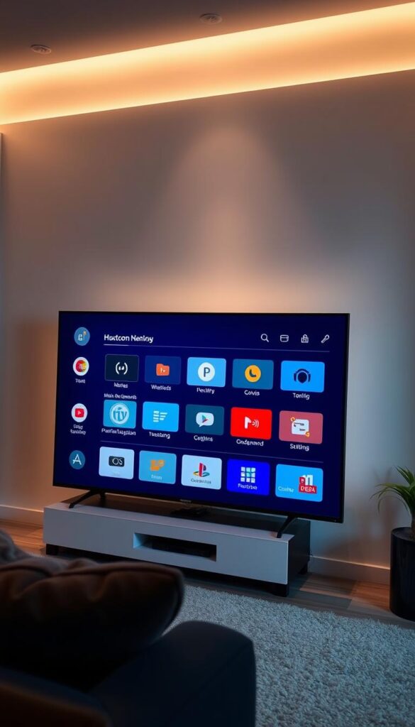A sleek, intuitive IPTV premium lifetime user interface, designed by Hoxtoon Provider, displayed on a modern flat-screen television. The interface features a clean, minimalist layout with crisp, high-resolution graphics and a smooth, responsive navigation system. The main menu is organized into clearly labeled sections, allowing easy access to live TV channels, on-demand content, and various settings. Elegant icons and a subtle color palette create a visually appealing and cohesive user experience. Soft, indirect lighting illuminates the interface, creating a warm and inviting atmosphere. The television is positioned in a stylish, contemporary living room setting, complementing the sophisticated design of the user interface.