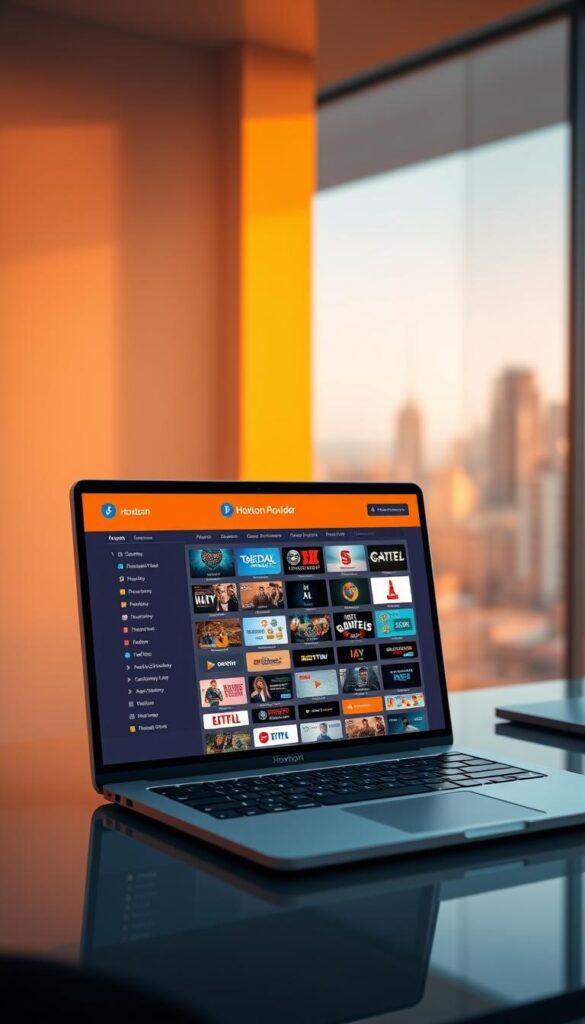 A sleek laptop screen displaying a stylish IPTV playlist interface, with the "Hoxtoon Provider" logo prominently featured. The screen shows a well-organized list of channels, neatly categorized and updated with the latest content. The laptop is positioned on a modern, minimalist desk, bathed in warm, directional lighting that creates a sense of professionalism and efficiency. The background features a blurred cityscape, hinting at the global reach and accessibility of the IPTV service. The overall scene conveys the ease and convenience of maintaining and updating one's IPTV m3u links for the best free lifetime experience.