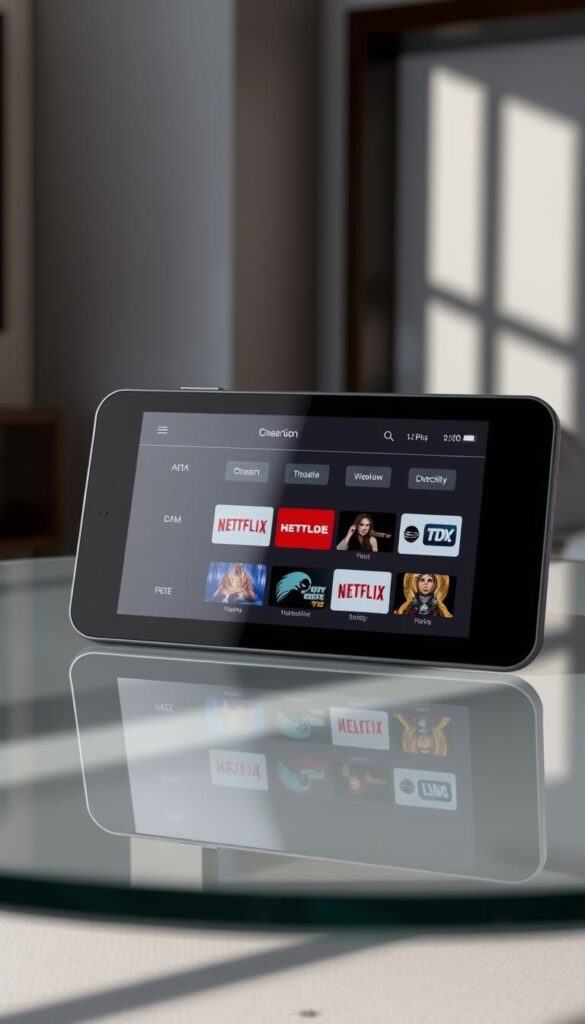 A sleek, minimalist Android device prominently displays the Hoxtoon Provider logo, its interface showcasing a curated selection of top-rated IPTV channels. The device rests on a modern, glass-topped table, surrounded by a clean, well-lit environment. Subtle shadows and highlights create depth and a sense of three-dimensionality. The overall tone is professional, elegant, and inviting, reflecting the high-quality IPTV service that Hoxtoon Provider offers for Android users.