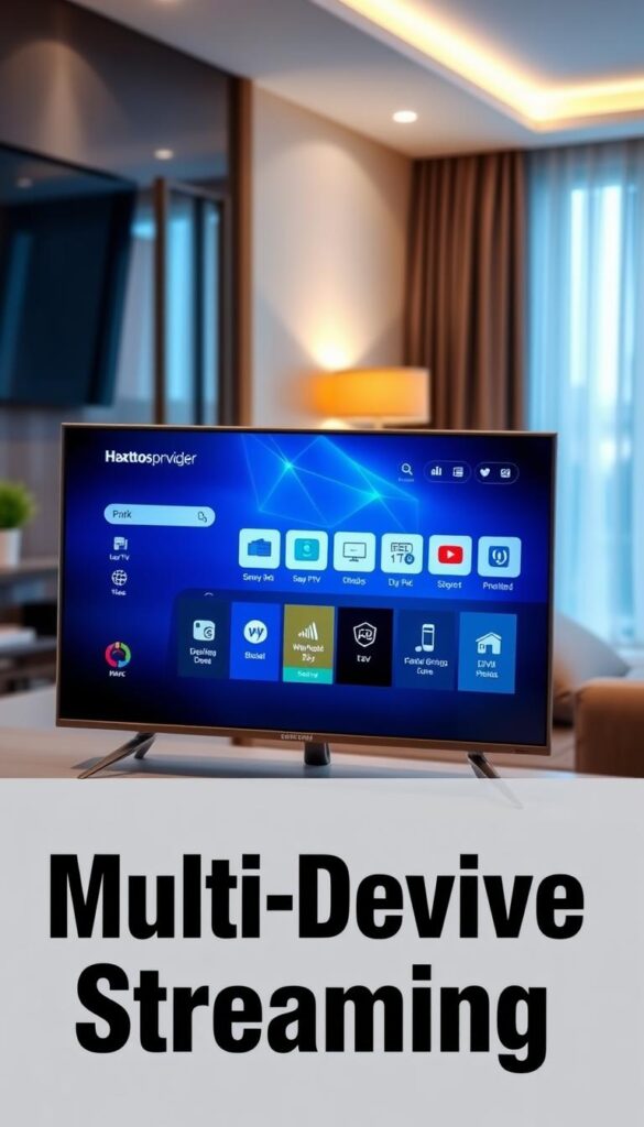 A sleek, minimalist IPTV app interface displayed on a modern Samsung Smart TV, showcasing the Hoxtoon Provider brand prominently. The app's intuitive layout features crisp icons, clean typography, and a visually striking color palette of blues and whites. In the foreground, multiple device icons are shown, representing the app's multi-device streaming capabilities. The background features a blurred, out-of-focus view of a cozy living room, suggesting the seamless integration of the IPTV app into a home entertainment setup. The overall mood is one of sophistication, simplicity, and technological advancement, perfectly capturing the essence of the "Multi-Device Streaming" section of the article.