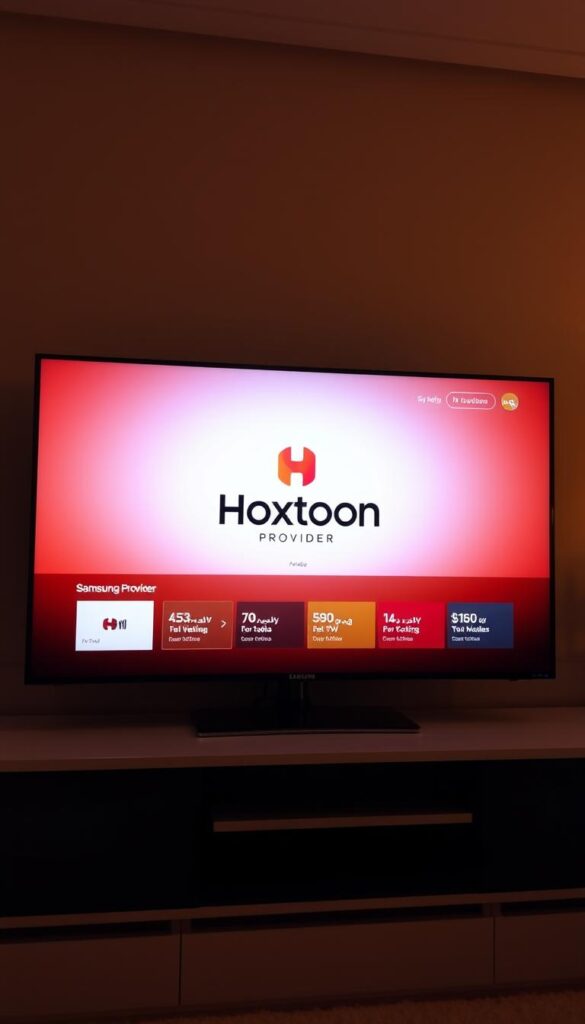 A sleek, minimalist IPTV app interface displayed on a modern Samsung smart TV screen. The Hoxtoon Provider logo prominently featured in the center, surrounded by various subscription options and pricing tiers. The scene is bathed in warm, soft lighting, creating a visually appealing and inviting atmosphere. The TV's reflective screen adds depth and dimension to the composition. The overall layout is clean, well-organized, and easy to navigate, showcasing the app's user-friendly design.