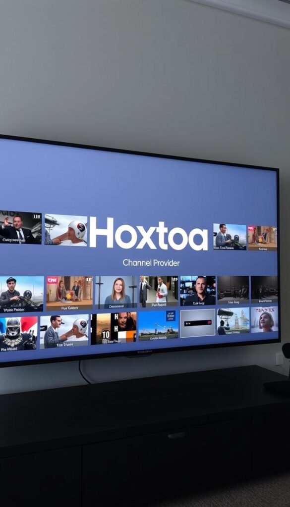 A sleek, minimalist IPTV channel selection interface with the Hoxtoon Provider logo prominently displayed. The screen is divided into clean, rectangular tiles showcasing a diverse range of live TV channels, from news and sports to movies and entertainment. The layout is intuitive and easy to navigate, with high-quality channel thumbnails and clear category labels. The overall aesthetic is modern and sophisticated, with a muted color palette and subtle lighting effects that create a sense of depth and dimension. The scene is captured from a slightly elevated angle, giving the viewer a comprehensive overview of the channel selection options. The image conveys the comprehensive and user-friendly nature of the Hoxtoon IPTV platform.