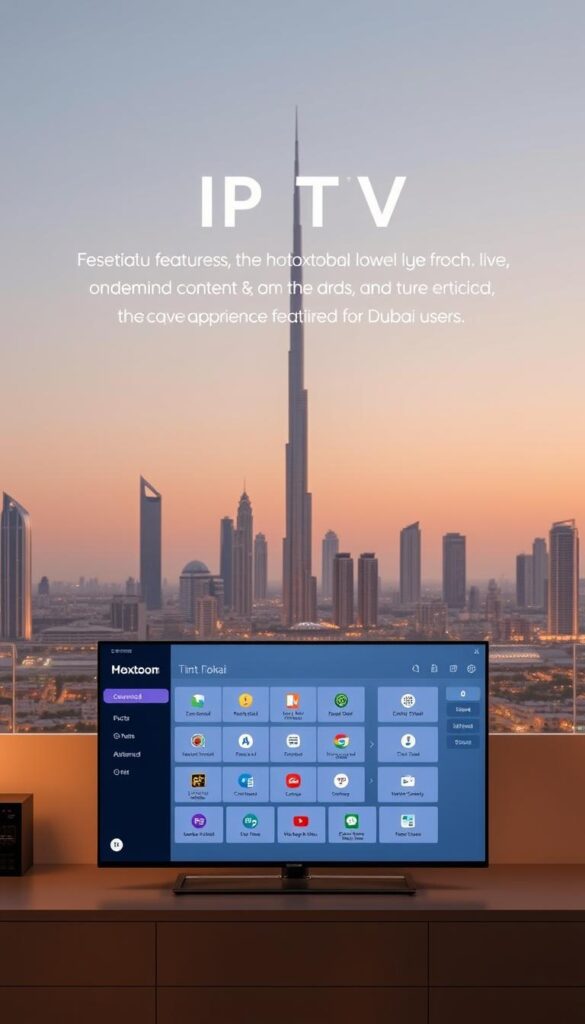 A sleek, minimalist IPTV dashboard showcasing the essential features of the Hoxtoon Provider service. In the foreground, a flat, elegant interface displays popular live TV channels, on-demand content, and advanced settings. The middle ground features intuitive icons and menus, allowing users to seamlessly navigate the service. In the background, a subtle landscape of skyscrapers and cityscapes evokes the cosmopolitan vibe of Dubai. The lighting is soft and warm, creating a visually appealing and user-friendly atmosphere. The overall scene conveys the high-quality, feature-rich IPTV experience tailored for Dubai users.