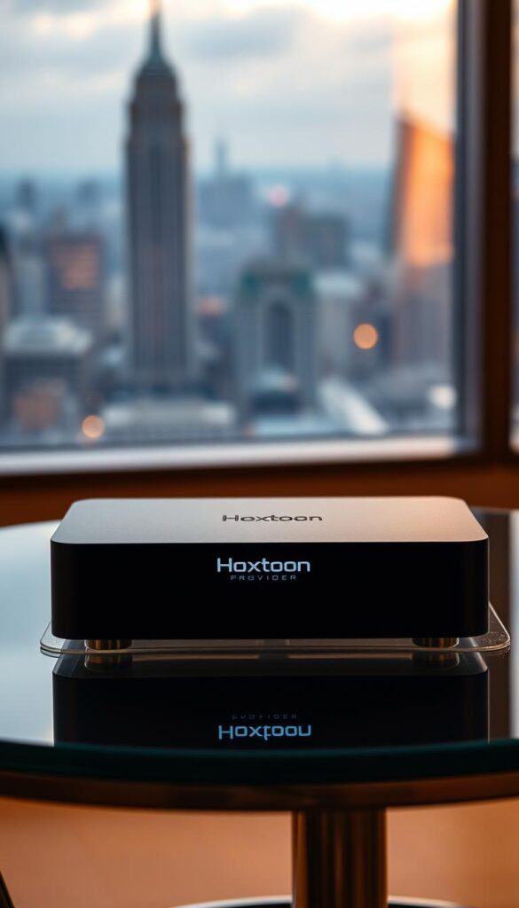 A sleek, minimalist IPTV device resting on a modern glass-and-steel table, bathed in warm, soft lighting. In the foreground, a clean, uncluttered interface showcases the Hoxtoon Provider brand, hinting at the simplicity and convenience of its lifetime IPTV service, free from monthly charges. The background is a tasteful, blurred cityscape, suggesting the global reach and accessibility of this cutting-edge technology. The overall impression is one of sophistication, reliability, and the liberation from traditional cable or satellite TV constraints.