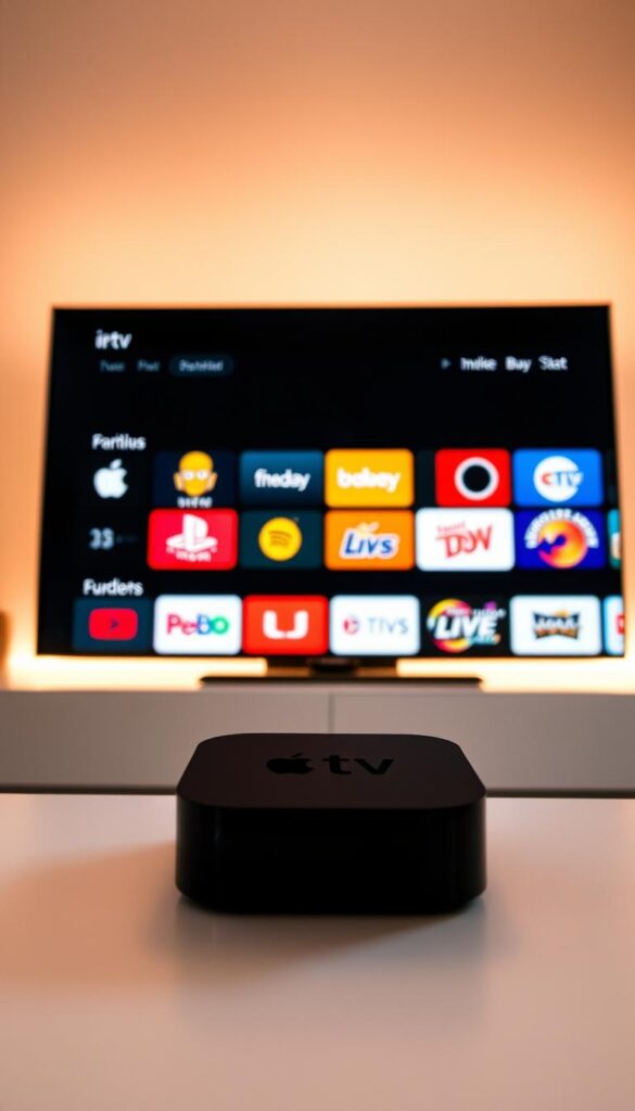 A sleek, minimalist IPTV interface displayed on a modern Apple TV device. The screen showcases a grid of vibrant, high-definition channel logos from the Hoxtoon Provider, representing the wealth of entertainment options available. The layout is clean and intuitive, with a focus on showcasing the content rather than distracting elements. Soft, warm lighting illuminates the scene, creating a cozy and inviting atmosphere. The overall impression conveys the revolutionary potential of IPTV technology to transform the television viewing experience.