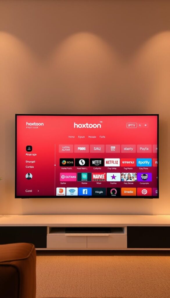 A sleek, minimalist IPTV interface showcasing the Hoxtoon Provider brand, bathed in a soft, warm lighting that lends a sense of sophistication. The screen displays a clean, intuitive layout with large, easy-to-navigate menu options, inviting the user to explore the various content categories. The interface features a subtle gradient background, complemented by bold, legible typography and well-organized icons, conveying a sense of professionalism and user-friendliness. The overall aesthetic is modern and visually appealing, drawing the viewer's attention to the content and services offered by the Hoxtoon Provider platform.