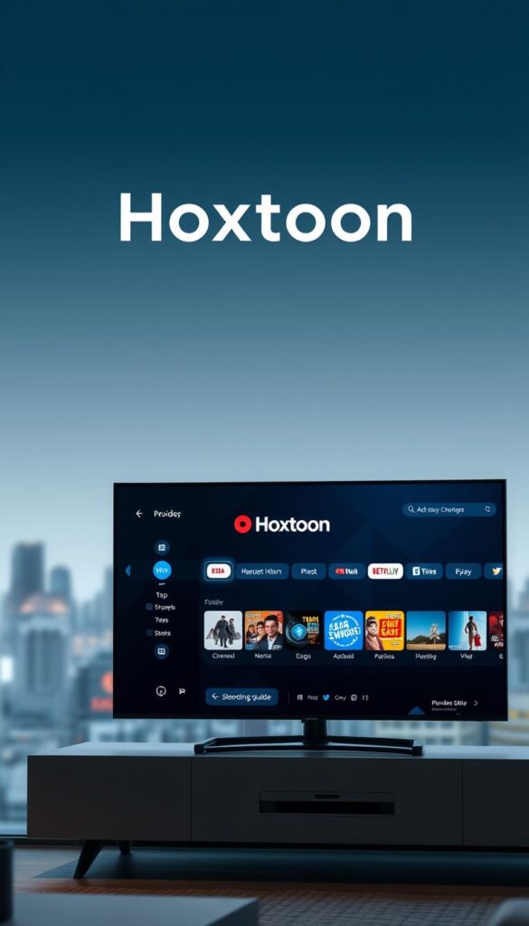 A sleek, minimalist IPTV interface with a comprehensive TV guide. In the foreground, a modern smart TV displays the Hoxtoon Provider logo and a stylish electronic program guide, showcasing a variety of channels and upcoming shows. The middle ground features a smooth, dark-themed user interface with clean typography and intuitive navigation controls. The background is a softly blurred cityscape, hinting at the versatility and accessibility of this IPTV service across devices and locations. Crisp, realistic lighting and a subtle cinematic tone evoke a premium, user-friendly viewing experience.