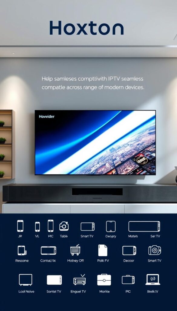 A sleek, minimalist IPTV player interface showcasing seamless compatibility across a range of modern devices. The display features the Hoxtoon Provider brand prominently, with clean lines and a sophisticated color palette of blues and grays. The scene is illuminated by soft, natural lighting, creating a calming, professional atmosphere. In the foreground, various compatible device icons, such as smartphones, tablets, and smart TVs, are arranged in a grid layout, highlighting the player's versatility. The middle ground features a large, high-resolution preview window displaying crisp, vivid video content, emphasizing the player's performance capabilities. The background subtly depicts a modern, technology-driven environment, complementing the overall sleek and functional design.