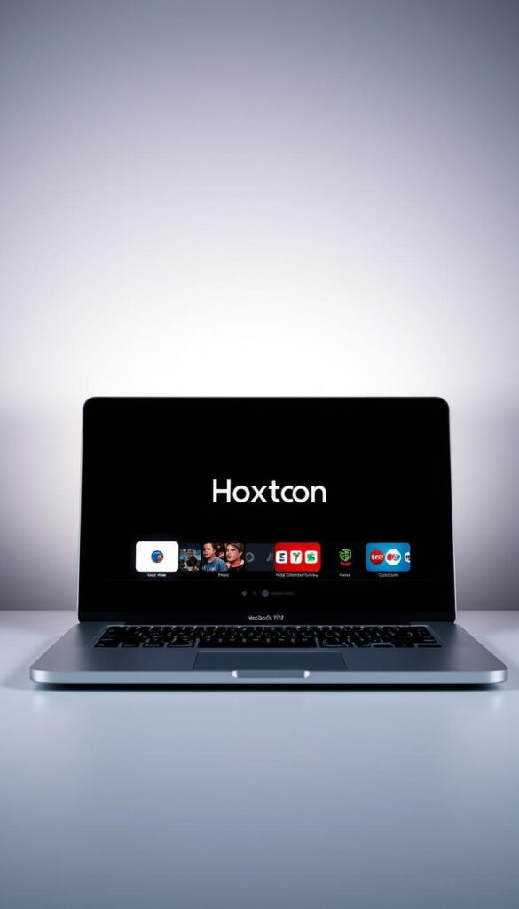 A sleek, minimalist IPTV player software interface displayed on a silver MacBook Pro against a muted, gradient background. In the center, the Hoxtoon Provider logo shines prominently, conveying a sense of premium quality and reliability. The player showcases a clean, intuitive design with simple menu options and high-definition video playback controls. Soft, directional lighting accentuates the MacBook's aluminum chassis, creating a sophisticated, professional atmosphere. The overall scene exudes a modern, elegant aesthetic tailored for the discerning Mac user.