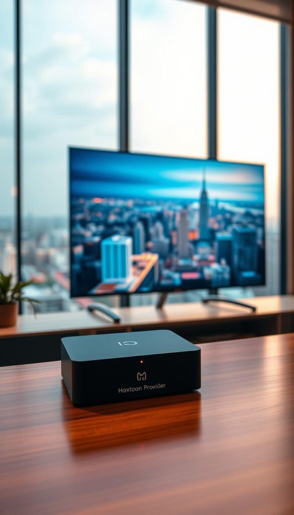 A sleek, minimalist IPTV streaming setup on a modern desk. In the foreground, a stylized, backlit Hoxtoon Provider box sits atop a wooden surface, its clean lines and subtle LED accents hinting at the advanced technology within. In the middle ground, a high-end 4K display showcases a vibrant, immersive video stream, the screen's edge-to-edge design creating an immersive viewing experience. The background features a large window overlooking a cityscape, flooding the scene with warm, diffused natural light and creating a sense of openness and tranquility. The overall atmosphere is one of refined elegance and technological sophistication, perfectly encapsulating the power and simplicity of the Hoxtoon Provider IPTV solution.